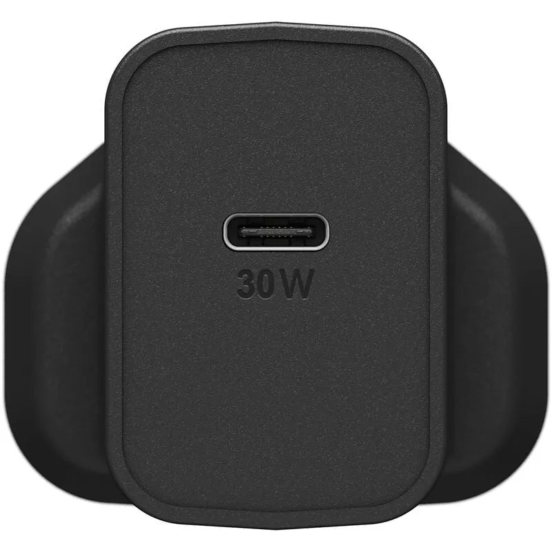 Black OtterBox USB-C 30W fast charge wall charger with rounded rectangular design and textured surface