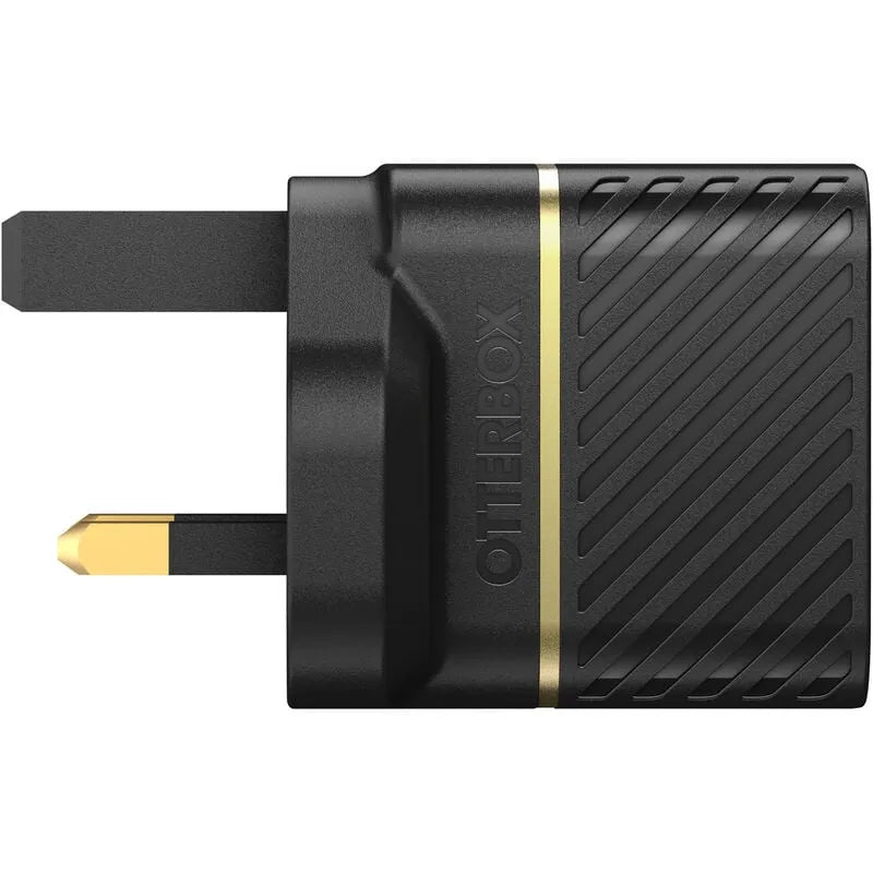 OtterBox USB-C 30W fast charge wall charger plug in black with gold accents and diagonal grip pattern on right side