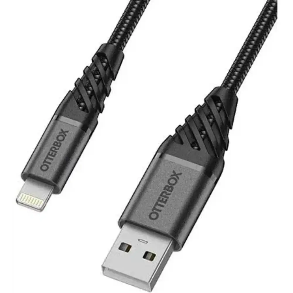 OtterBox USB-A to Lightning charging cable 1 metre with black braided nylon exterior and gunmetal grey connectors featuring protective strain relief design