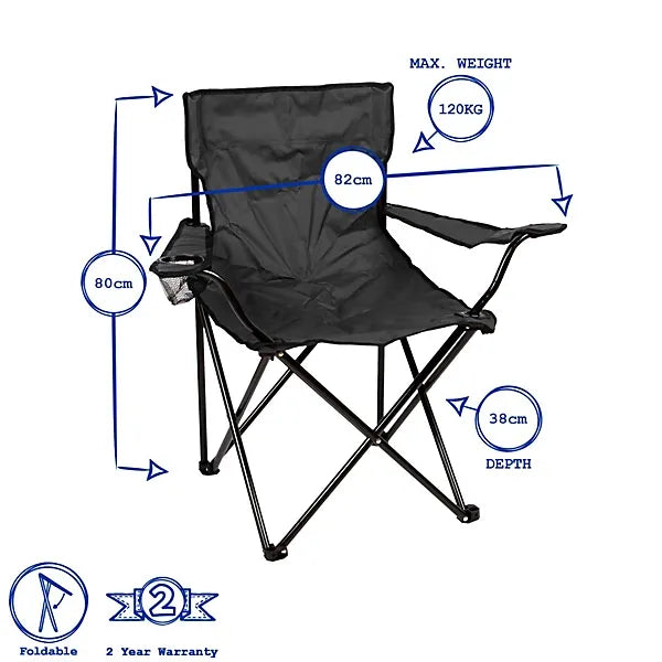 Black canvas camping folding chair with arms and cup holder showing dimensions of 80cm height, 82cm width, 38cm depth, maximum weight capacity 120kg, foldable design with 2 year warranty