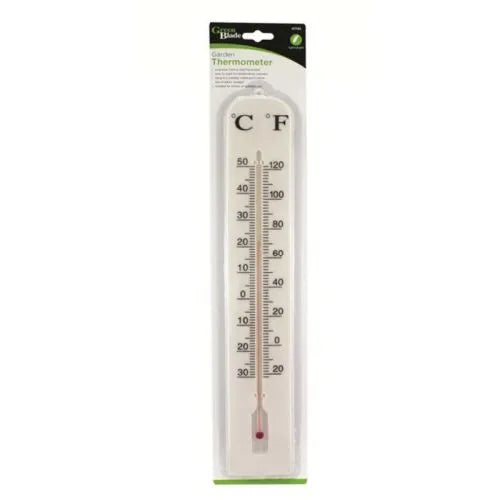 Green Blade white wall thermometer with Celsius and Fahrenheit scales, analog dial with red temperature indicator, suitable for indoor and outdoor use