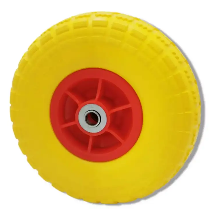 Bright yellow puncture-proof solid wheel with red plastic hub and metal center axle for 10 inch sack truck replacement
