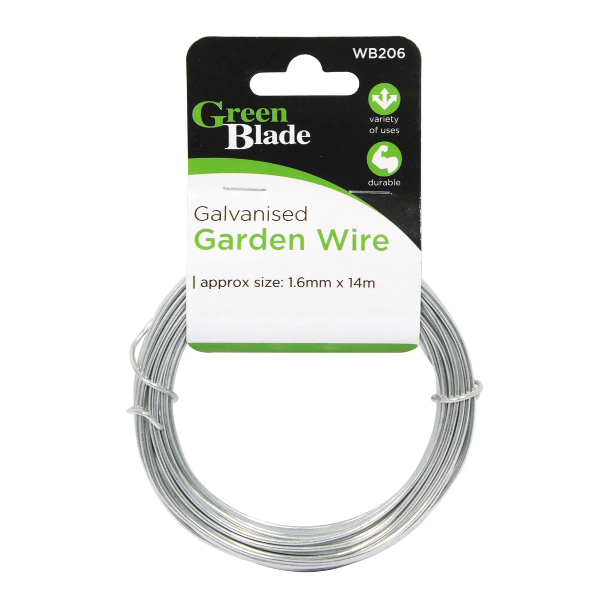 Green Blade galvanised garden wire coil 1.6mm x 14 metre in silver-grey colour on black and white packaging with green branding WB206