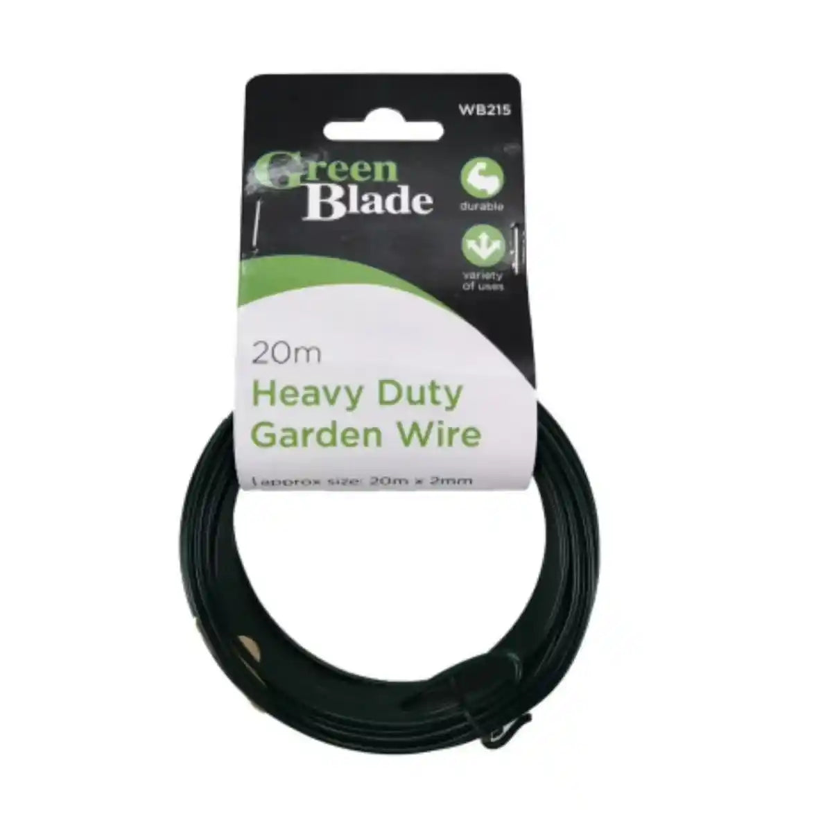 Green Blade Heavy Duty Garden Wire WB215 coiled dark green 20m x 2mm packaging with black and white label displayed against white background