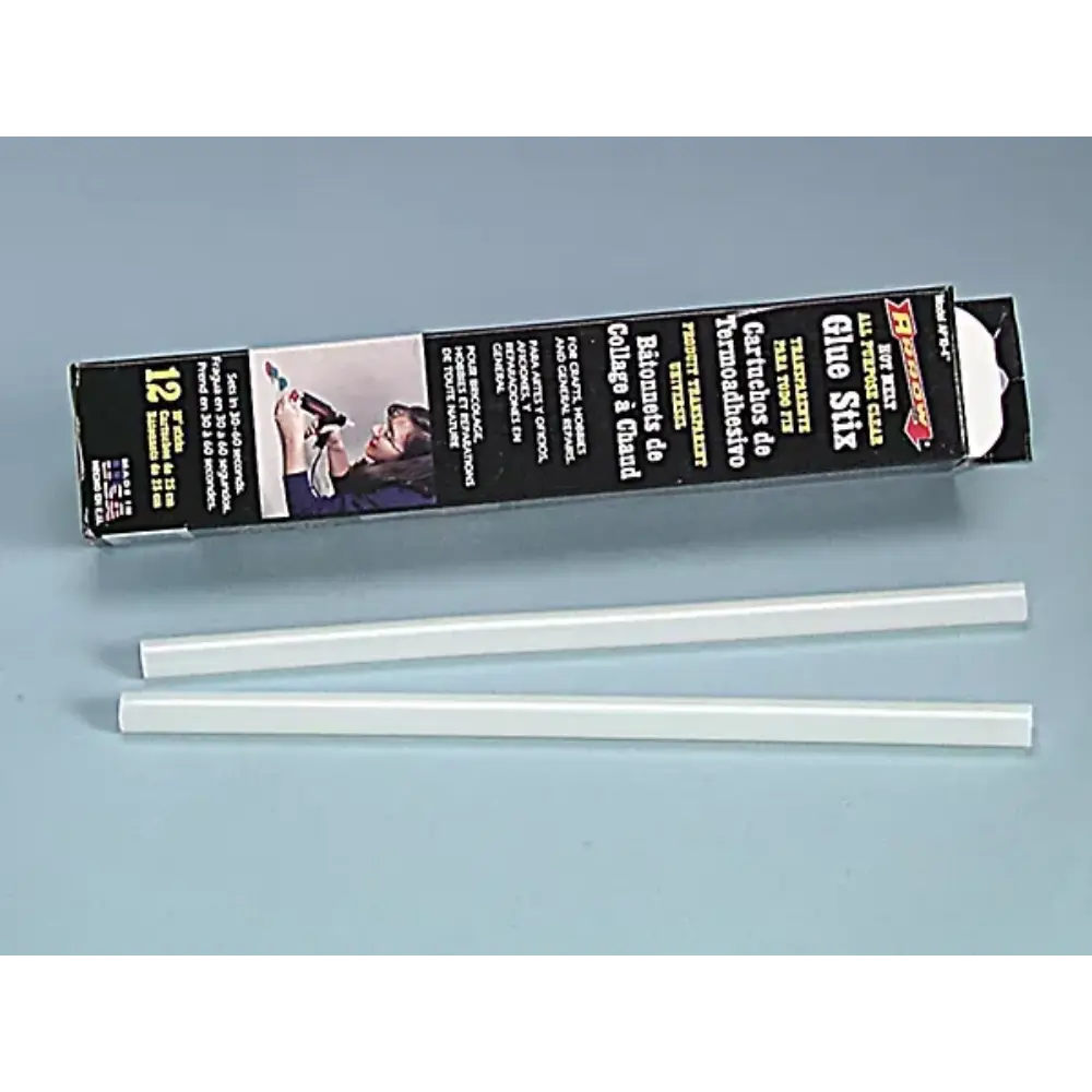 Arrow AP10 all purpose glue sticks pack of 12 showing white cylindrical adhesive sticks next to black packaging box with product information and branding