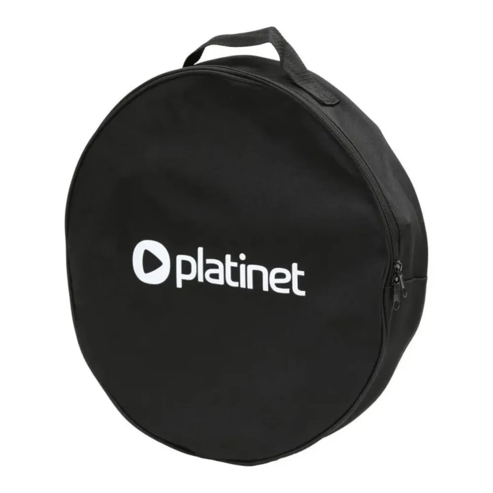 Black protective carrying case with white Platinet logo and play button symbol, featuring top handle and front zipper pocket for EV charging cable storage