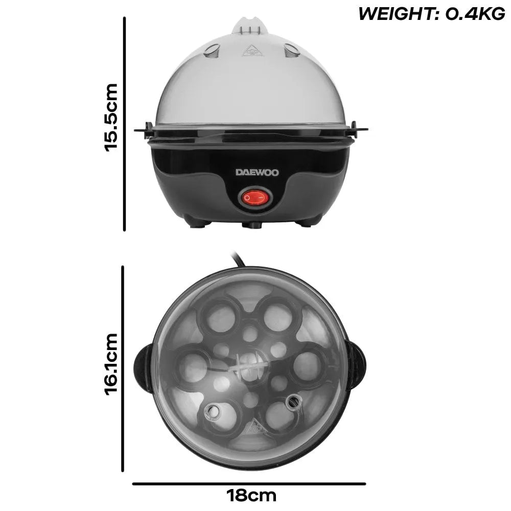 Daewoo 7 egg cooker boiler with grey dome lid and black base, shown from front and top views with dimensions 15.5cm height and 18cm width, 0.4kg weight, featuring red power button and transparent cooking chamber with multiple egg holders