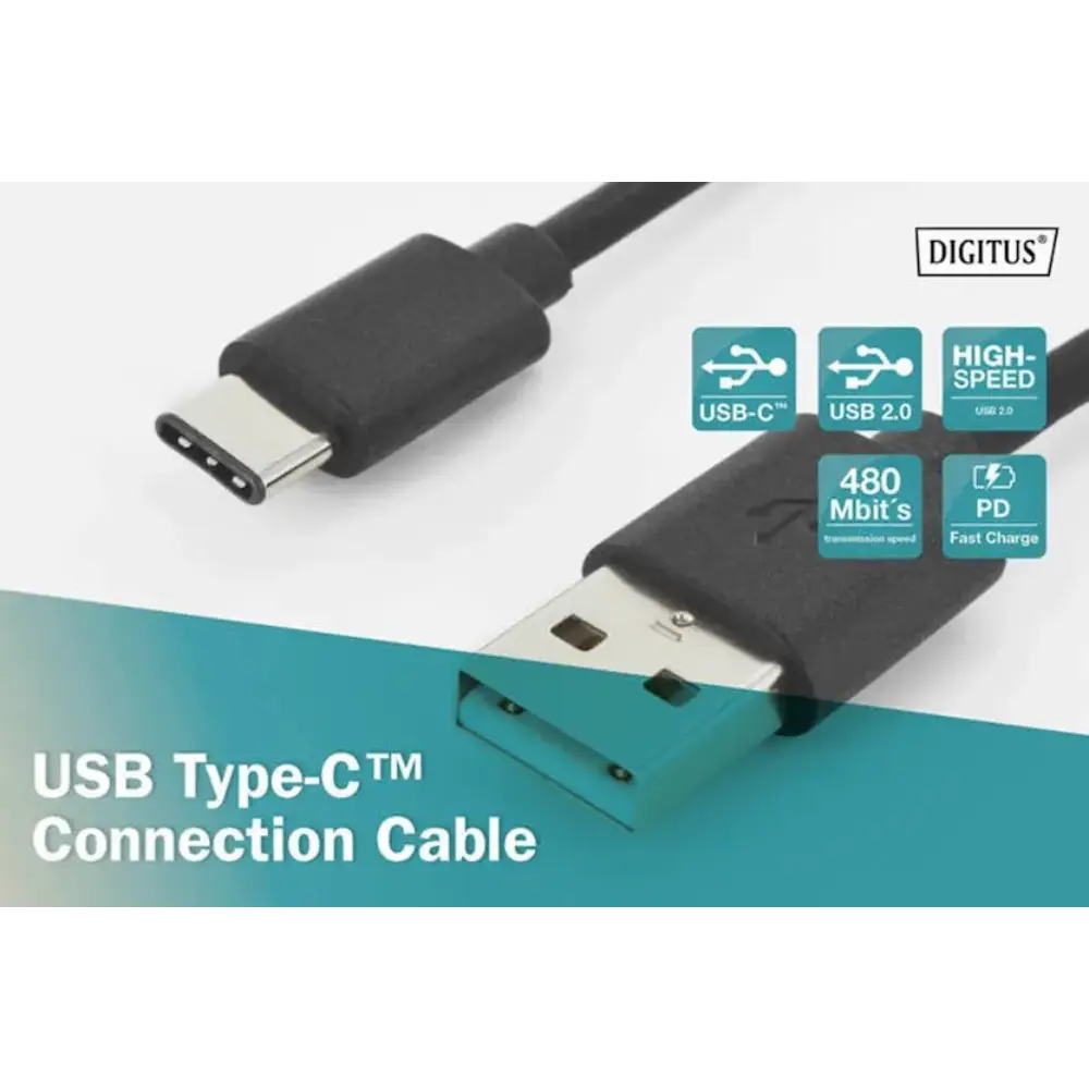 Digitus USB Type-C connection cable with black rubber connectors and white metal ends, displaying product specifications including USB-C, USB 2.0, high-speed, 480 Mbit/s transmission speed and PD fast charge capabilities against a teal and white background with product branding