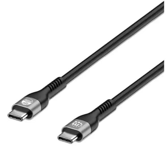Manhattan USB-C to USB-C charging cable 2 metre black braided nylon with metal connectors 240W power delivery