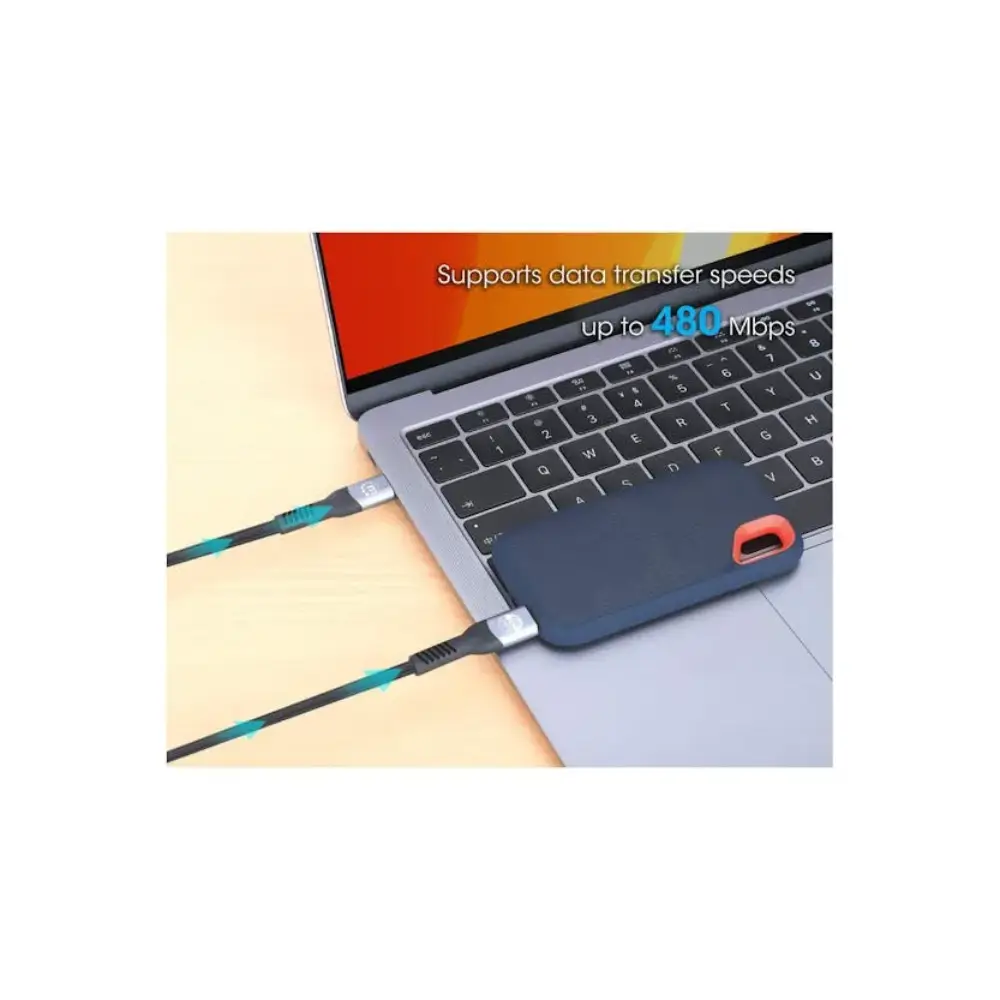 Manhattan USB-C to USB-C charging cable with 240W capacity connected to laptop showing 480 Mbps data transfer speed, black cable with teal accents and white connectors displayed on silver laptop with red external drive