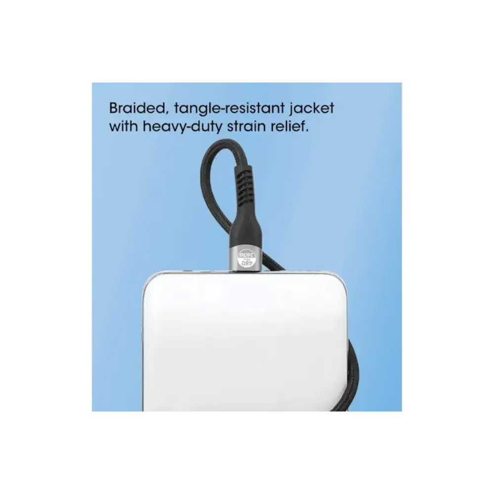 Black braided USB-C to USB-C charging cable with tangle-resistant jacket and heavy-duty strain relief connector, displayed against blue background with product description text