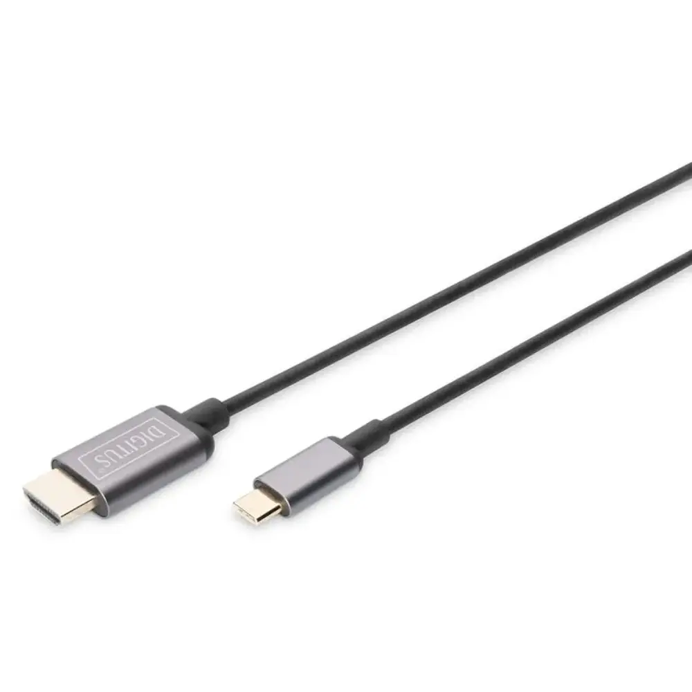 Digitus USB-C to HDMI adapter cable with grey metal connectors and black cord, 1.8 metres length, supports 4K UHD 30Hz video transmission