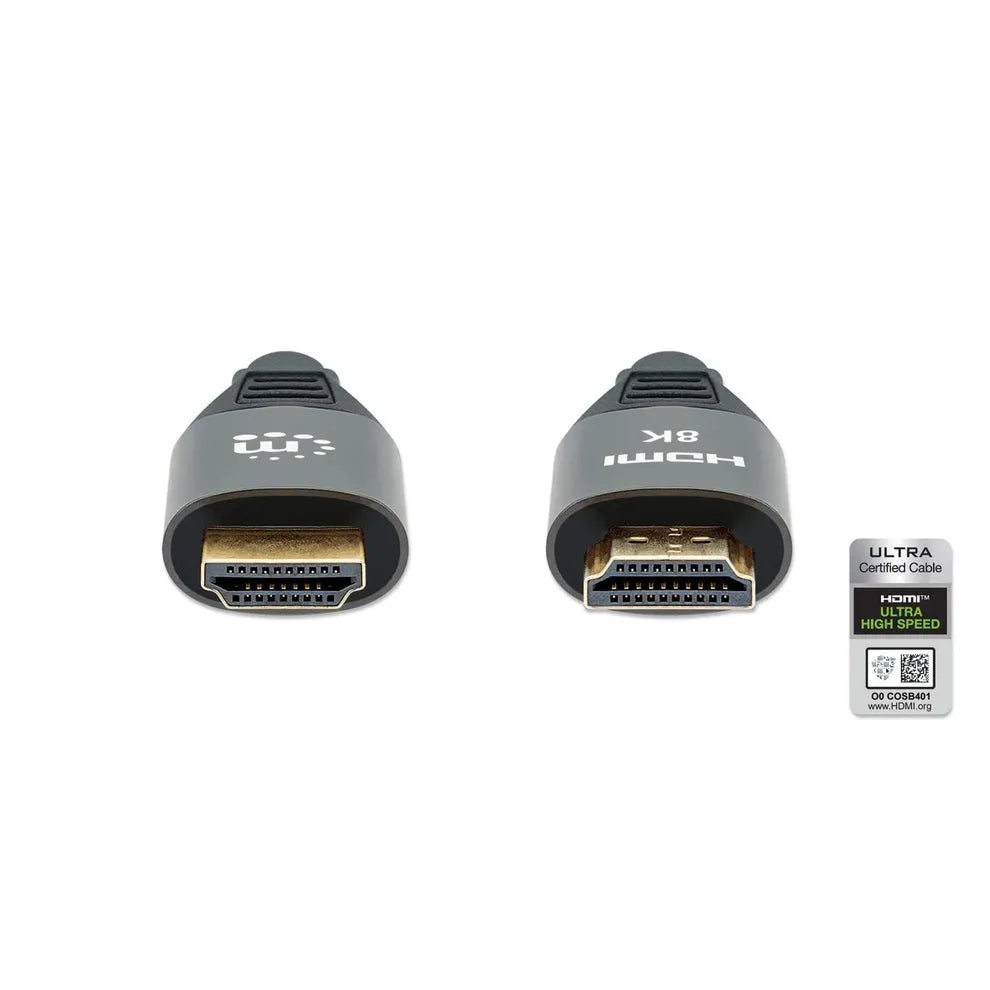 Two grey and black HDMI Ultra High Speed connectors displayed side by side showing male connector ends with gold plating, accompanied by HDMI Ultra High Speed certification badge indicating 8K 60Hz capability