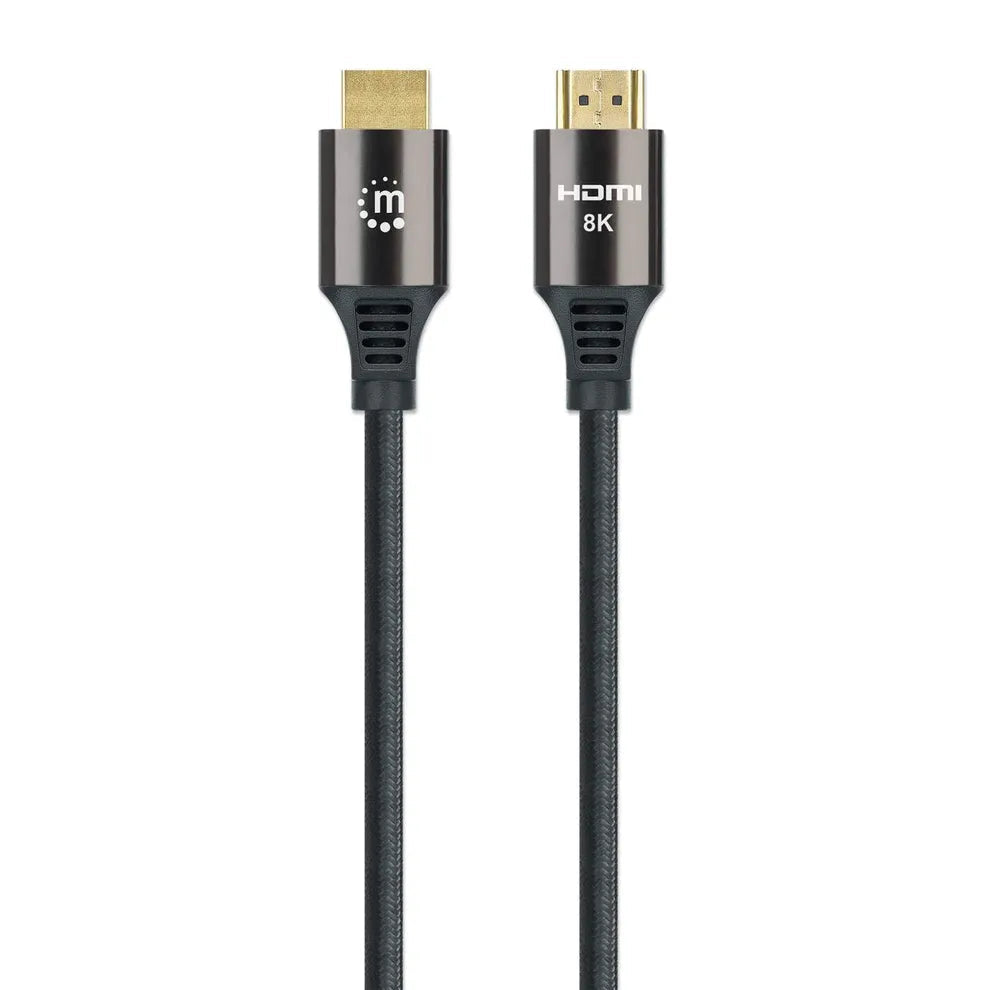 Manhattan Ultra High Speed HDMI 8K cable with black braided nylon jacket and gold-plated connectors, 2 metres length shown on white background