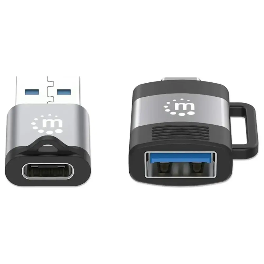Manhattan USB-C to USB-A and USB-A to USB-C adapter set showing two-piece connector bundle with silver and black design in front and side views