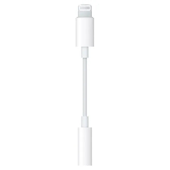 White Lightning to 3.5mm audio adapter cable with connector ends visible against a plain white background