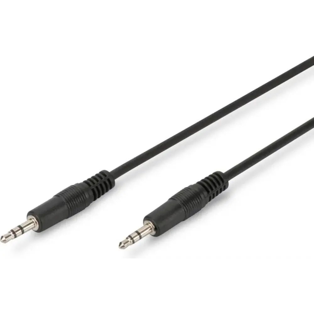 Black 3.5mm stereo audio cable with gold-plated connectors and ribbed grip sleeves, 1.5 metre auxiliary connection cord