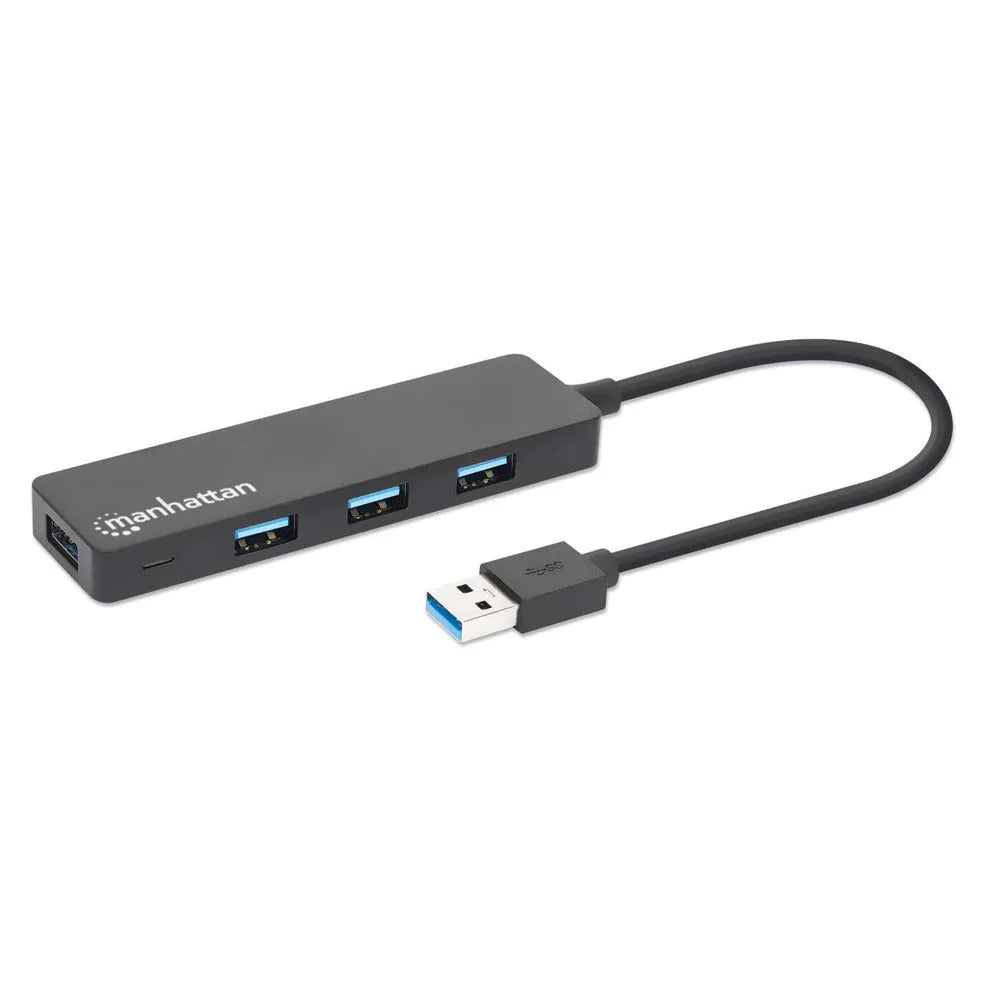 Manhattan 4 port USB 3.0 powered hub with black cable and connector, featuring three blue USB ports on dark gray rectangular hub body