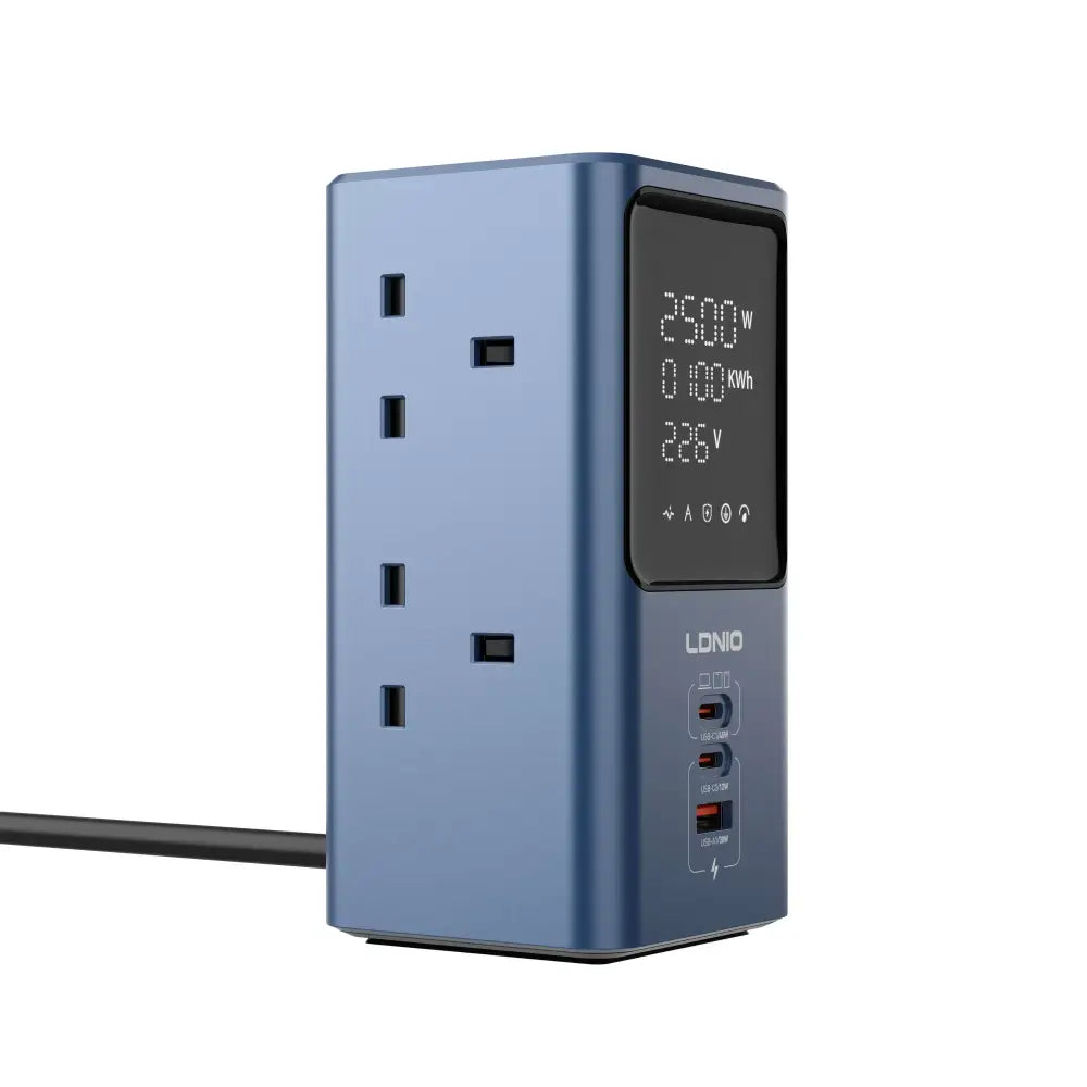 Blue and black Ldnio desktop power tower with LED display showing 230W power consumption, 0.00 kWh and 230V, featuring multiple UK power sockets and USB charging ports with attached black power cable