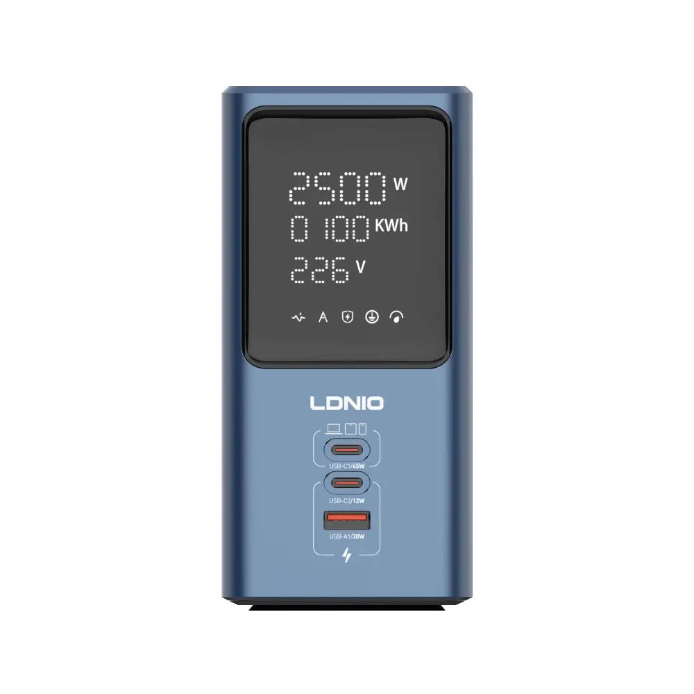 LDNIO 45W blue desktop power tower with LED display screen showing 2500W power, 0.00 kWh energy usage and 226V voltage, featuring three USB charging ports including USB-C and USB-A connectors