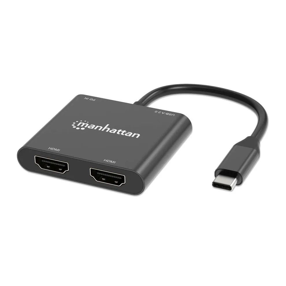 Manhattan USB-C to Dual HDMI adapter with 100W power delivery, black matte finish, showing USB-C connector cable and two HDMI output ports