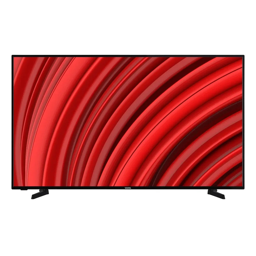 Vestel 65 inch 4K Ultra HD Smart TV displaying red abstract curved line pattern on screen with black bezel frame and stand legs against white background