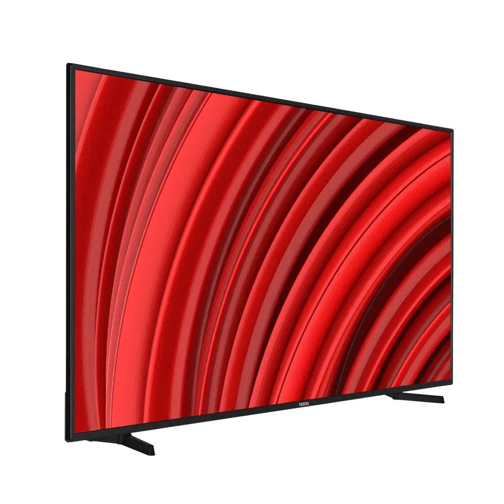 Walker 65 inch 4K Ultra HD Smart TV with black bezel and stand displaying red abstract pattern on screen