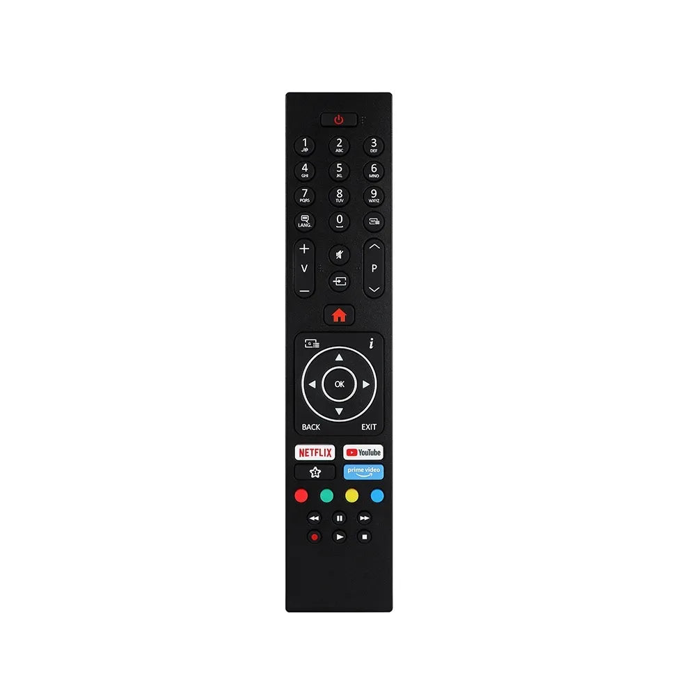 Black remote control for Walker 4K Smart TV featuring numbered keypad, Netflix YouTube and Prime Video buttons, directional navigation pad with OK center button, colored action buttons, and media playback controls