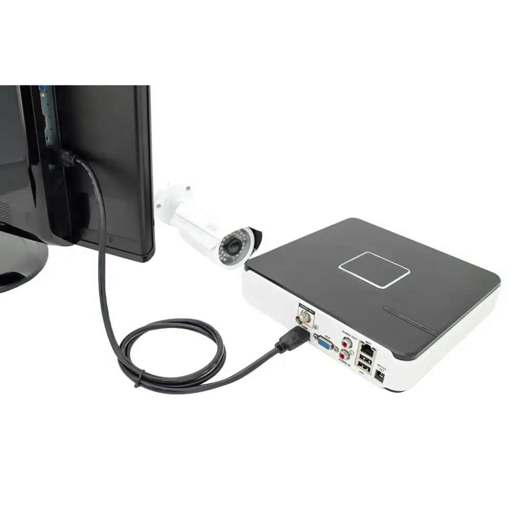 Digitus HDMI to HDMI Ethernet Cable 3 metre connecting a white and black compact NVR DVR system with multiple ports to a monitor, featuring a white outdoor IP camera with infrared LEDs