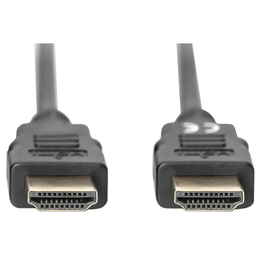 Two black HDMI cables with gold-plated connectors connected end-to-end against a white background, showing the male HDMI ports with visible pin connectors and cable sheathing