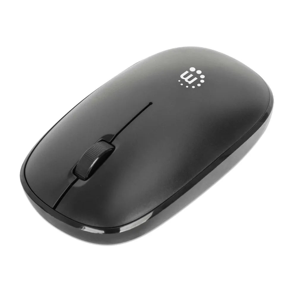 Black wireless optical USB mouse with three buttons and scroll wheel, featuring Manhattan branding and glossy finish on white background