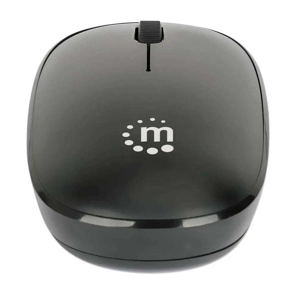Top-down view of a black Manhattan wireless optical USB mouse with three buttons and scroll wheel, featuring white dot logo and black retractable cable attachment on top