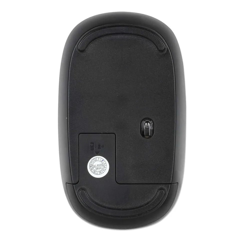 Bottom view of Manhattan Wireless Optical USB Mouse 3 Button with Scroll Wheel MW3050 in black, showing battery compartment and certification label