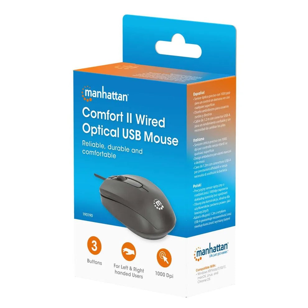 Manhattan Comfort II Wired Optical USB Mouse in black with retail packaging showing product features including 3 buttons, ambidextrous design, and 1000 DPI specification