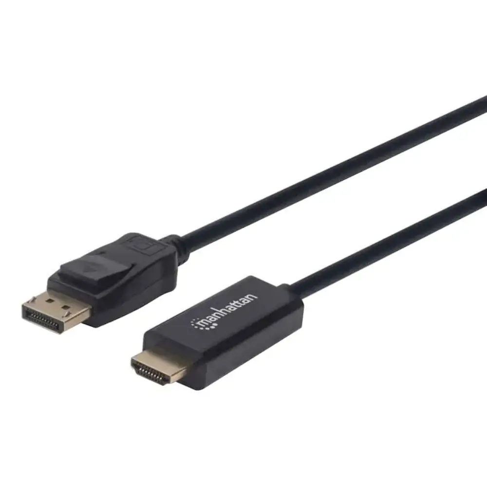 Black DisplayPort to HDMI cable with gold-plated connectors, 1.8 metre length, Manhattan branded adapter shown on white background
