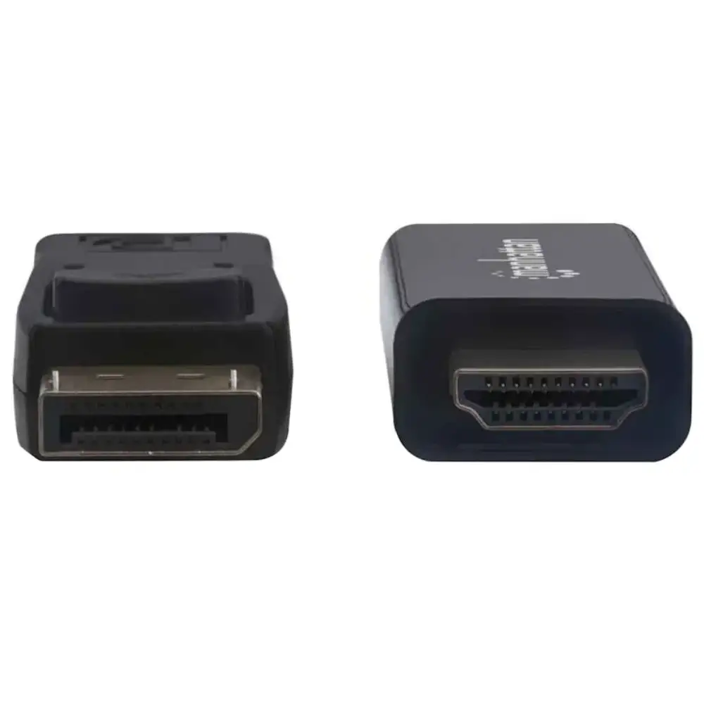 DisplayPort to HDMI adapter connectors shown side by side displaying male DisplayPort plug on left and female HDMI port on right in black plastic housing