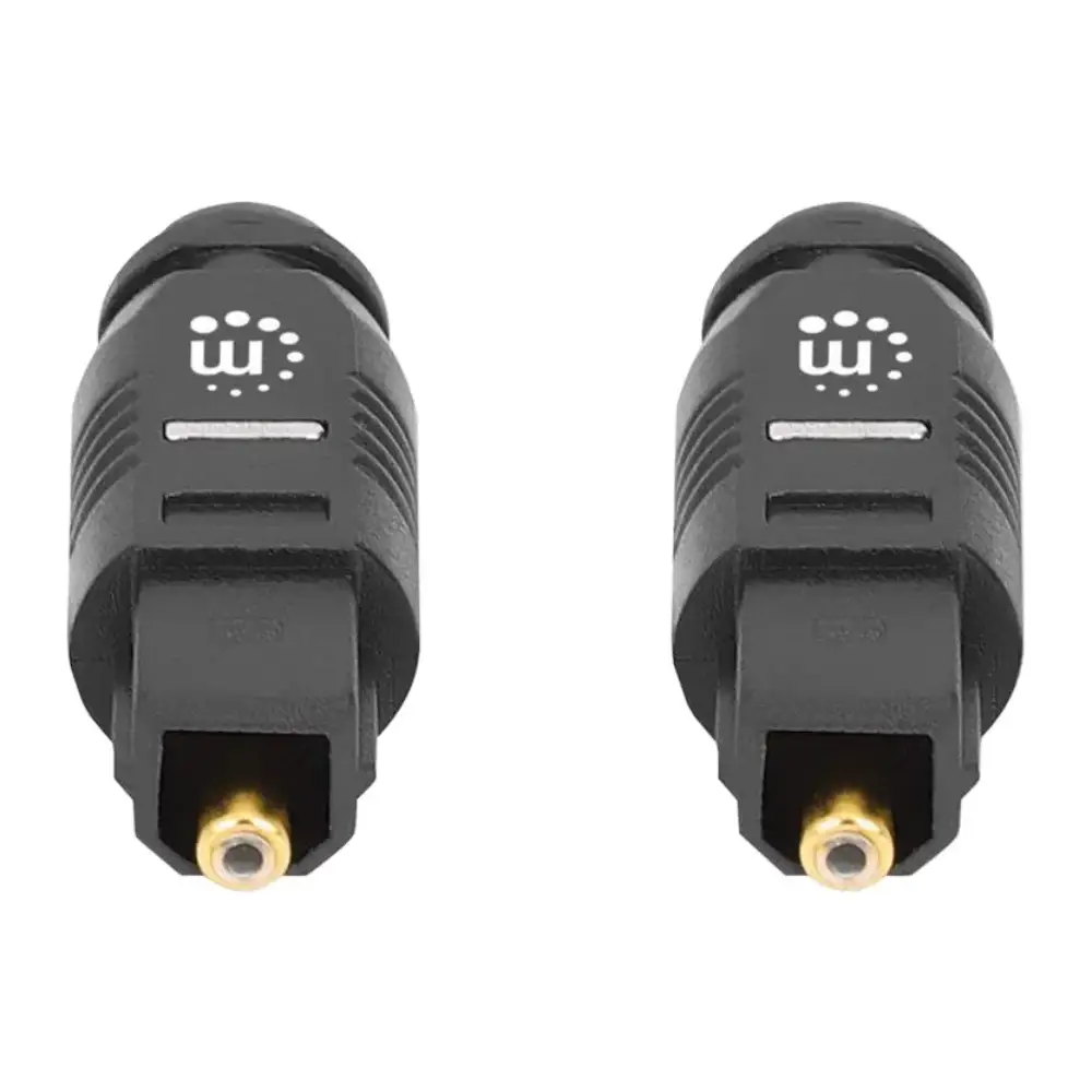 Two black Manhattan Toslink digital optical audio connectors with gold-plated tips displayed front-facing against a white background