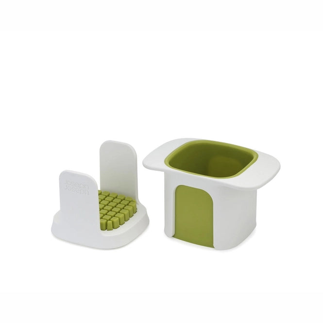 Joseph Joseph ChopCup Vegetable Dicer in white and green showing the hinged lid with dicing grid and storage container with handle
