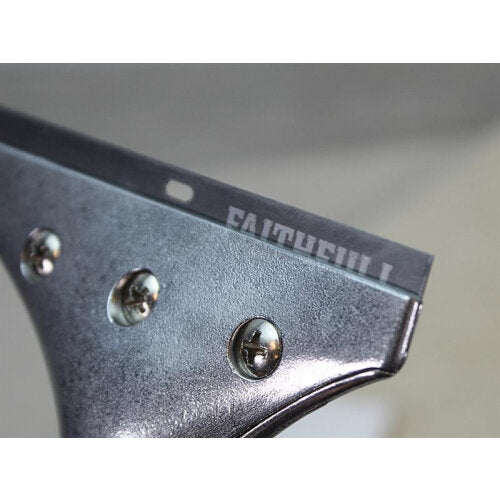 Faithfull Heavy Duty Long Handled Scraper 150mm showing close-up detail of gray metal blade with three silver rivets and branding text