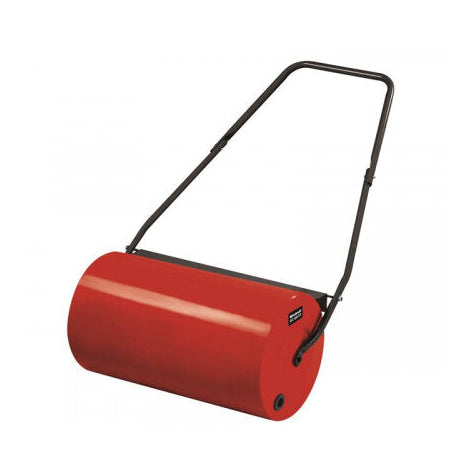 Red cylindrical garden roller with black push handle and wheels, Einhell GC-GR 57 model for lawn care and ground preparation