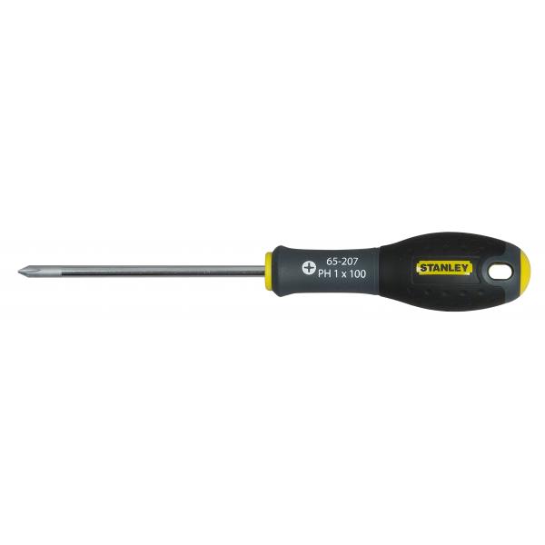 Stanley FatMax Phillips screwdriver with black and yellow handle, metal shaft, and PH1 x 100mm tip on white background