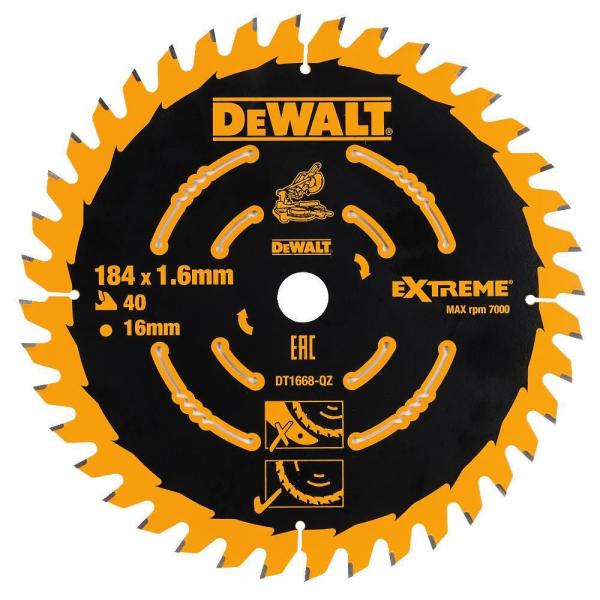 DeWalt Extreme mitre saw blade 184mm diameter with 46 teeth, black and yellow design, showing product specifications and EAC certification mark