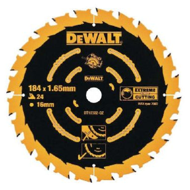 DeWalt ELITE Series circular saw blade 184mm diameter with 24 teeth, yellow and black design, featuring extreme framing cutting specification markings on black background