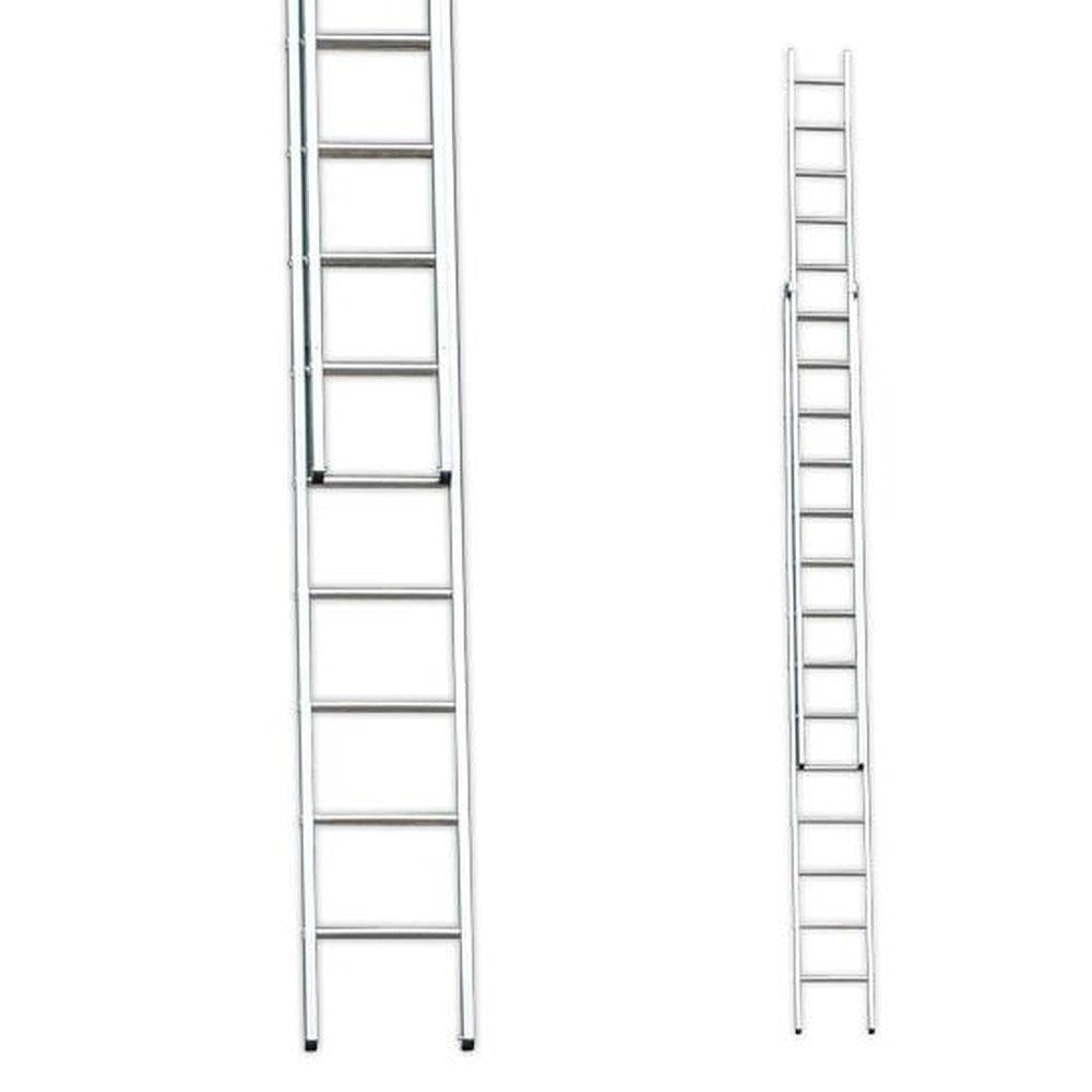 Two-section aluminum extension ladder 20ft Stradbally brand shown extended and collapsed positions with metal rungs and silver finish against white background