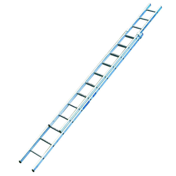 Blue aluminum two-section extension ladder with black rungs extended to full height against white background, Stradbally 17ft model