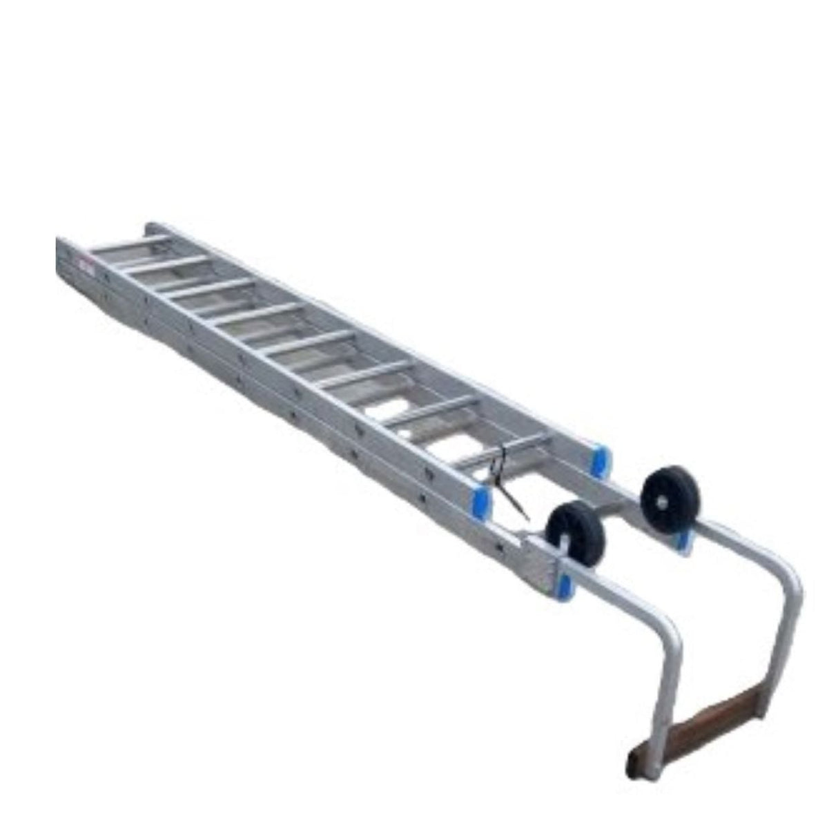 Stradbally Ladders 17ft hinged roof extension ladder with two aluminum sections, blue foot pads, black wheels, and brown stabilizer bar