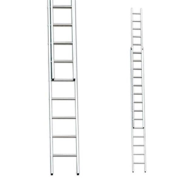 Stradbally 11ft two-section aluminum extension ladder shown in extended and collapsed positions with silver metallic finish and horizontal rungs