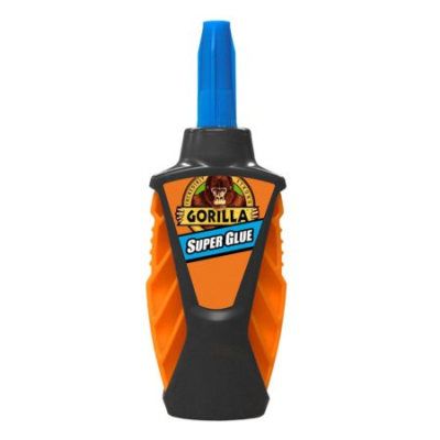 Gorilla Super Glue Micro Precise 5g bottle with orange and black grip, blue precision nozzle cap, and yellow Gorilla branding label