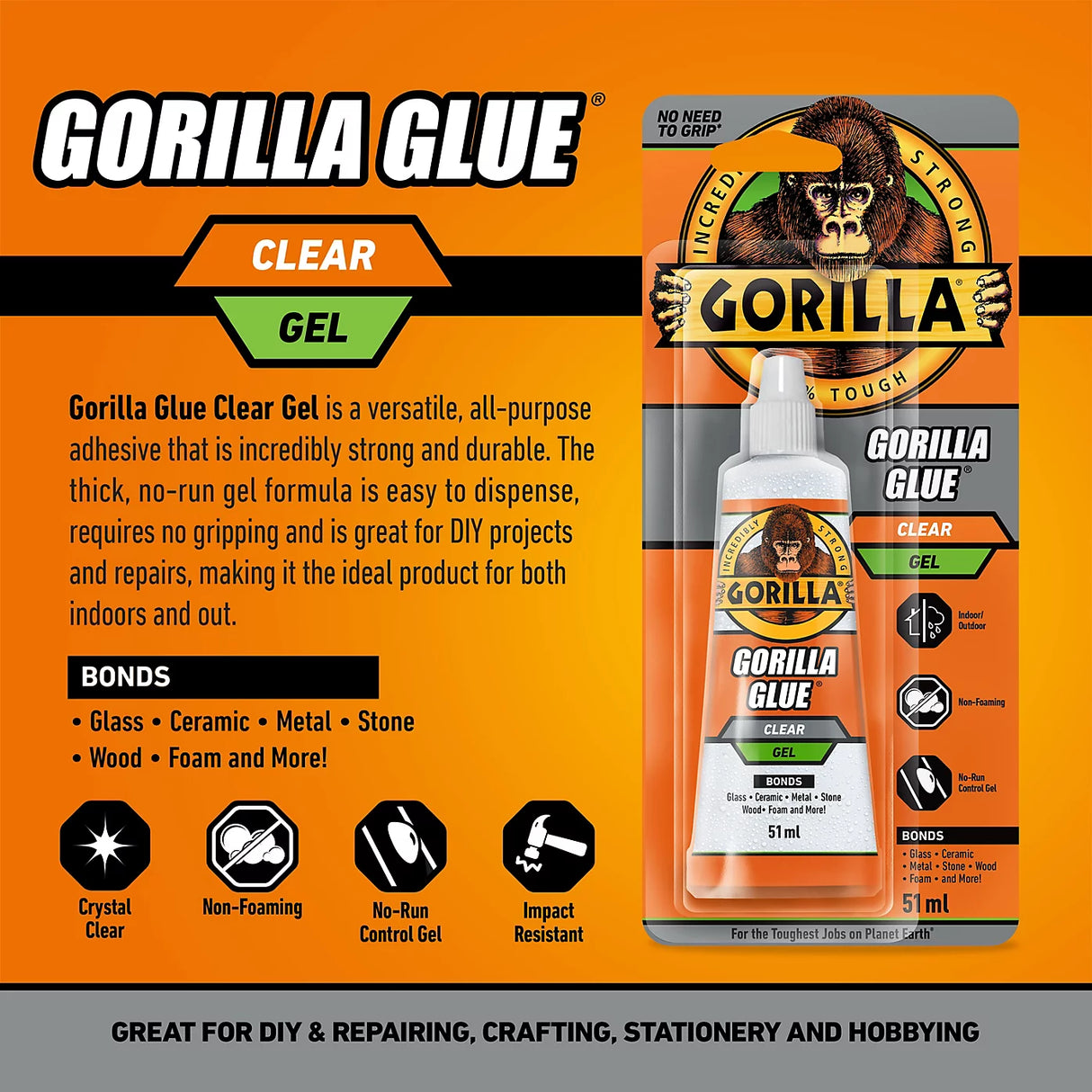 Gorilla Glue Clear Gel 51ml bottle packaging displayed against orange background showing product features including crystal clear formula, non-foaming, no-run control gel and impact resistant properties with bonding information for glass ceramic metal stone wood and foam