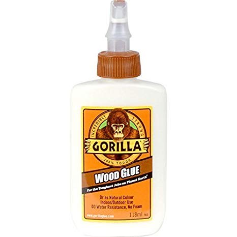 Gorilla Wood Glue 118ml bottle with orange and brown label featuring gorilla logo and spray nozzle applicator